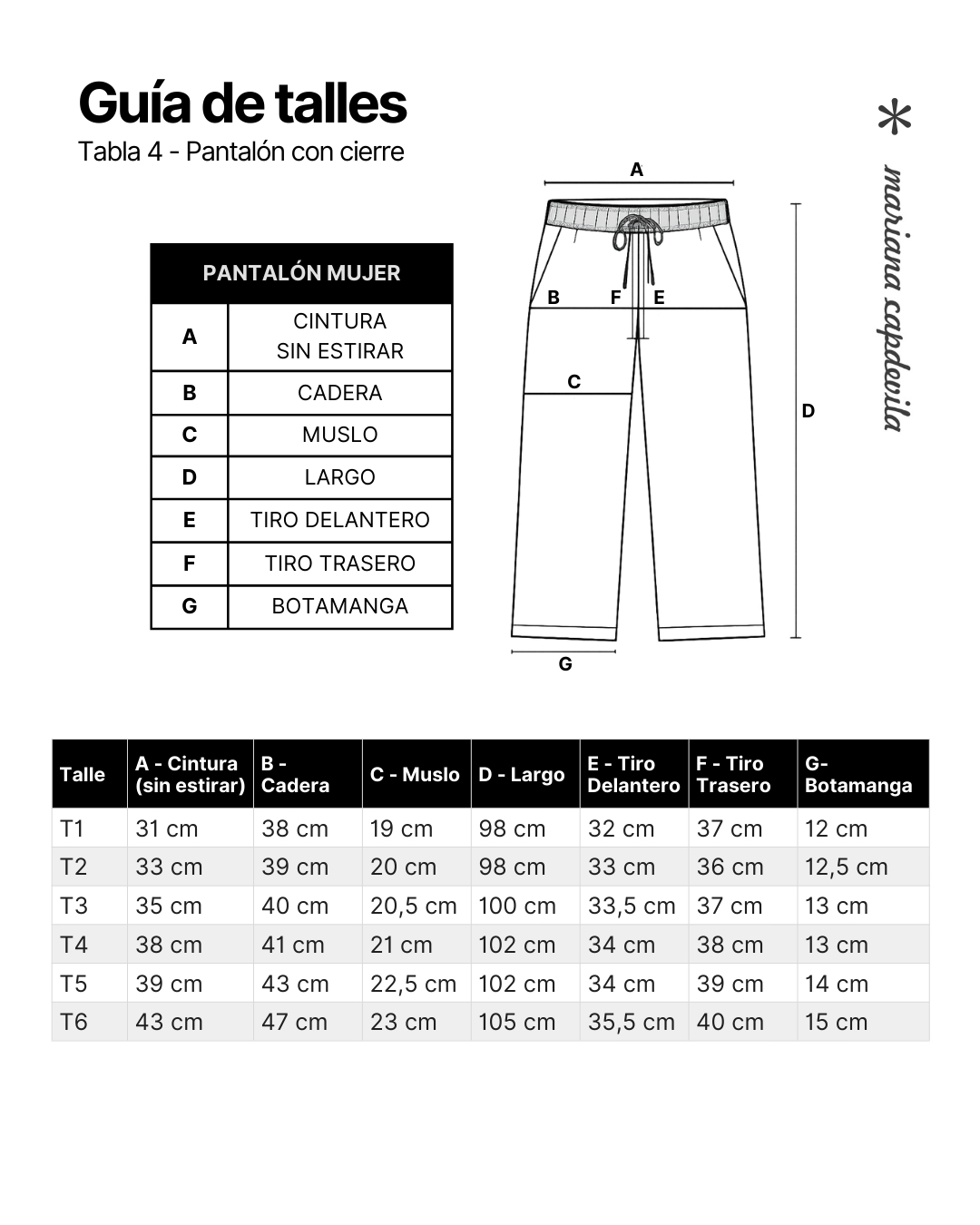 Guia de talles -  pantalon bengalina con cierre